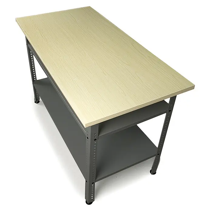 Ondis24 Werkbank-Set - L x B: 240 x 60 cm, Arbeitshöhe: 850 mm, Metall - Stabile Werkbank mit heller Holzoptik-Arbeitsplatte und grauem Metallgestell mit zwei verstellbaren Ablagen.