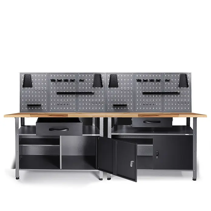Ondis24 Werkbank-Set - L x B: 240 x 60 cm, Arbeitshöhe: 850 mm, Metall - Dunkelgraue Metallwerkbank mit Holzplatte, integrierten Schubladen, Schränken und Lochwandsystem zur Werkzeugorganisation.