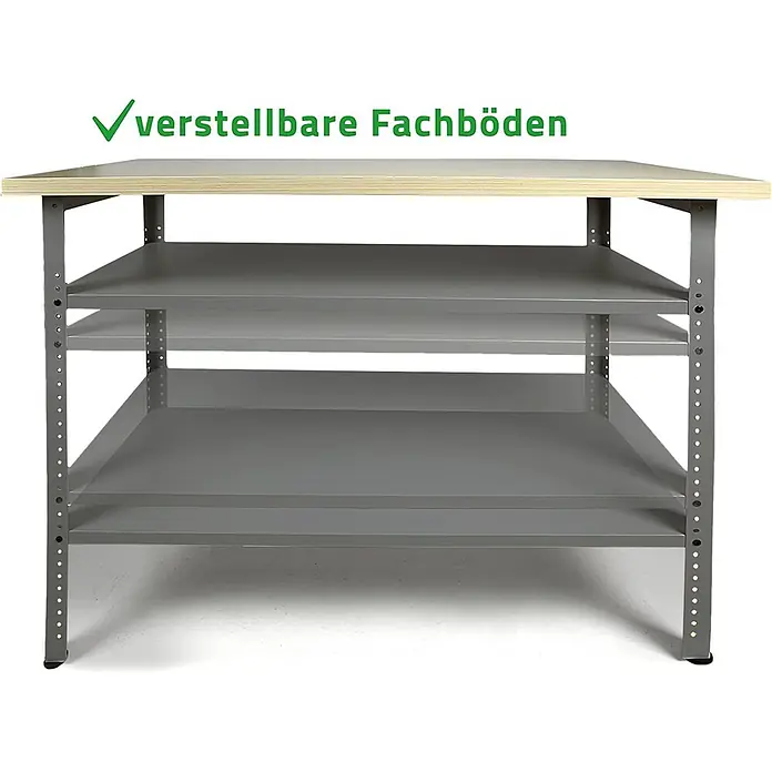 Ondis24 Werkbank-Set - L x B: 240 x 60 cm, Arbeitshöhe: 850 mm, Metall - Graue Metall-Werkbank mit Holzplatte und drei verstellbaren grauen Fachböden.