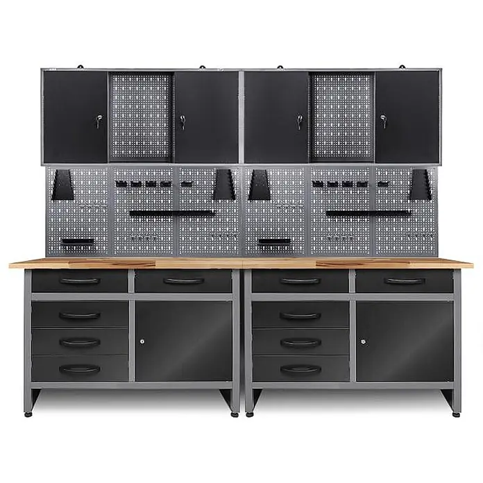 Ondis24 Werkbank-Set - Arbeitshöhe: 850 mm, Metall - Schwarzes und graues Metall-Werkbanksystem mit Holzplatte, Lochwand, Schubladen und Hängeschränken zur Werkstattorganisation.