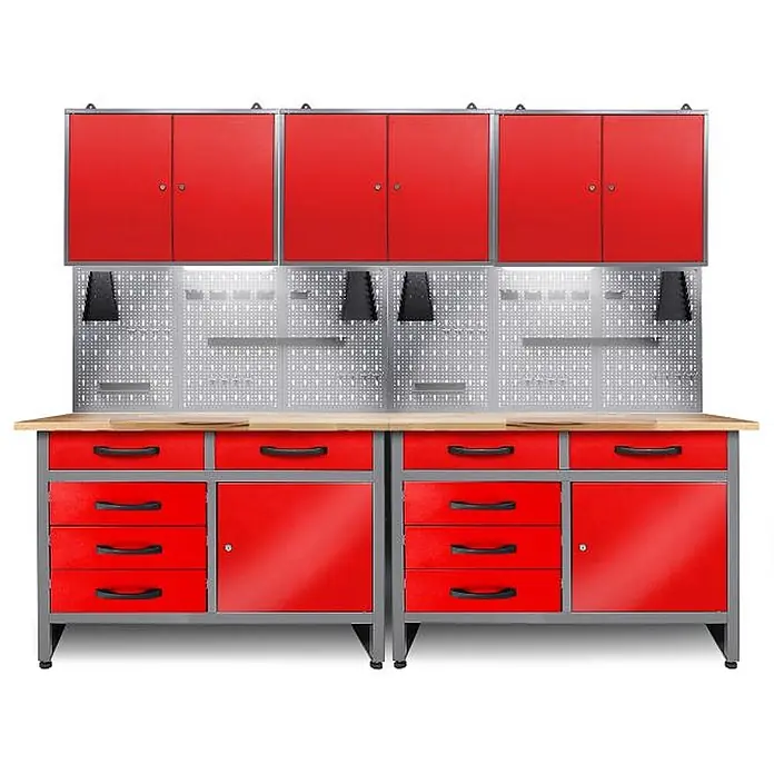 Ondis24 Werkbank-Set - Arbeitshöhe: 850 mm, Metall - Rotes Garagen-Werkbanksystem mit grauem Rahmen, Holzplatte, Oberschränken, Lochwand und Unterschränken/Schubladen.