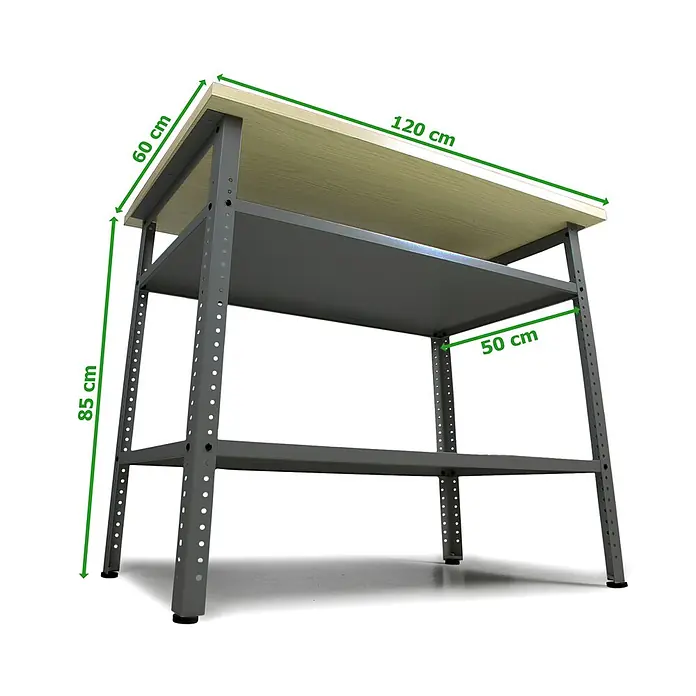 Ondis24 Werkbank-Set - L x B: 240 x 60 cm, Arbeitshöhe: 850 mm, Metall - Graue Metallwerkbank mit heller Holzplatte und zwei grauen Metallregalböden. Maße: 120x60x85 cm.