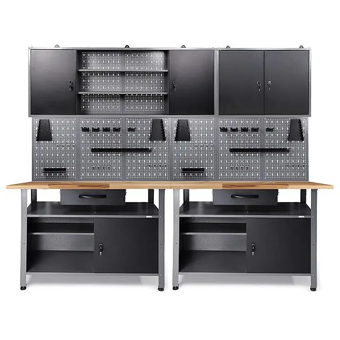 Ondis24 Werkbank-Set - L x B: 240 x 60 cm, Arbeitshöhe: 850 mm, Metall - Grau-schwarzes Metall-Werkbank-System mit heller Holzplatte, Hängeschränken, Lochwänden und abschließbarem Unterschrank.