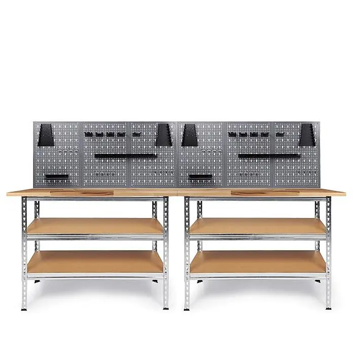 Ondis24 Werkbank-Set - L x B: 240 x 60 cm, Arbeitshöhe: 920 mm, Metall - Modulare Metall-Werkbank mit Holzplatten und Regalen, sowie einer grauen Lochwand zur Werkzeugaufbewahrung.