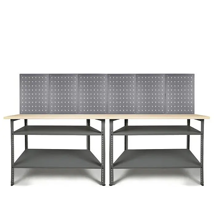 Ondis24 Werkbank-Set - L x B: 240 x 60 cm, Arbeitshöhe: 850 mm, Metall - Zwei graue Metall-Werkbänke mit heller Holzplatte, Lochwand und Ablageflächen.