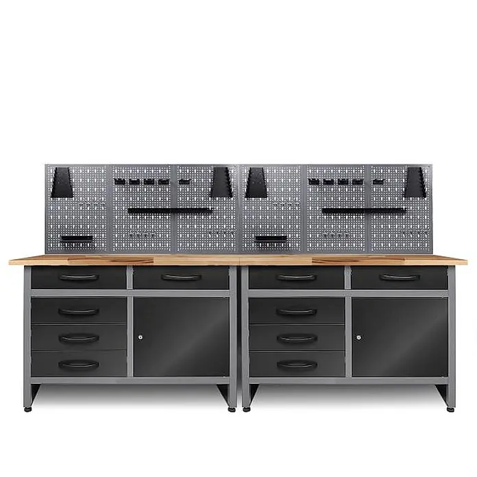 Werkstatt Set Holger 240cm + 2 Jochen -  - Modularer Werkbank mit Holzplatte, dunkelgrauem Metallrahmen, schwarzen Schubladen & Schränken und gelochter Werkzeugwand.