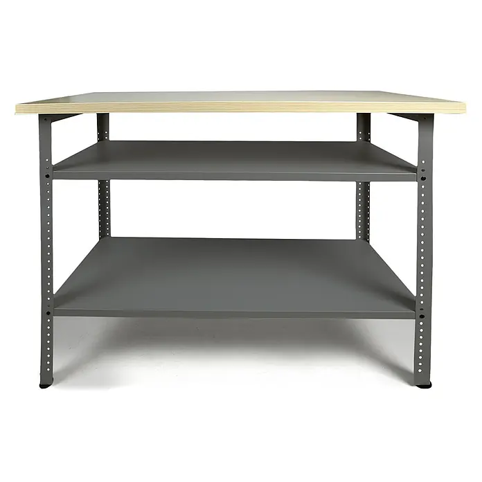 Ondis24 Werkbank-Set - L x B: 240 x 60 cm, Arbeitshöhe: 850 mm, Metall - Robuste graue Metallwerkbank mit zwei Regalböden und einer hellen Holzplatte, verstellbar.