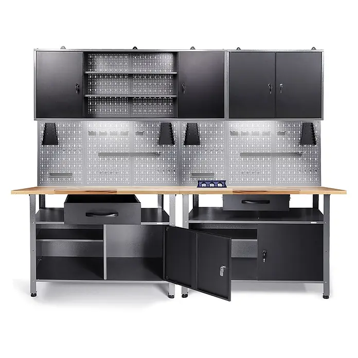 Ondis24 Werkbank-Set - L x B: 240 x 60 cm, Arbeitshöhe: 850 mm, Metall - Dunkelgraue Metallwerkbank mit heller Holzplatte, Hängeschränken, Lochwand, Schubladen und Unterschränken.
