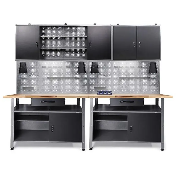 Ondis24 Werkbank-Set - L x B: 240 x 60 cm, Arbeitshöhe: 850 mm, Metall - Modulares Werkbank-System aus schwarzem und grauem Metall mit Holzplatte, Oberschränken, Lochplatten und Unterschränken.