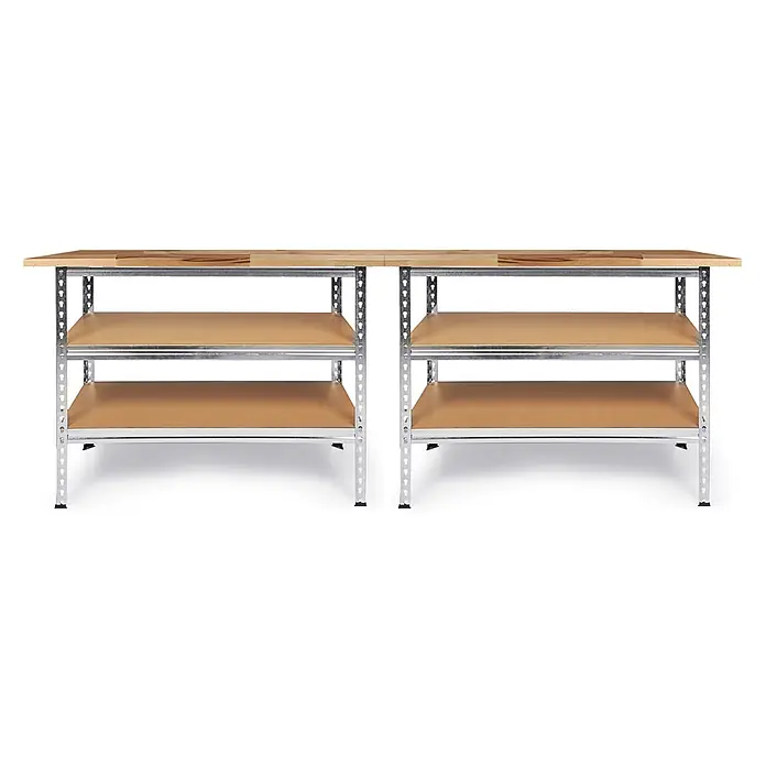 Ondis24 Werkbank-Set - L x B: 240 x 60 cm, Arbeitshöhe: 920 mm, Metall - Zwei verbundene Metallregale mit heller Holz-Arbeitsplatte und braunen Böden.