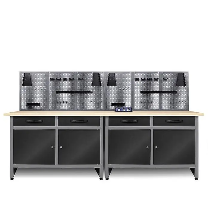 Ondis24 Werkbank-Set - Arbeitshöhe: 850 mm, Metall - Eine grau-schwarze Werkbank mit heller Holzplatte, integrierter grauer Lochwand mit Ablagen und Werkzeughaltern sowie schwarzen Schränken mit Schubladen darunter.