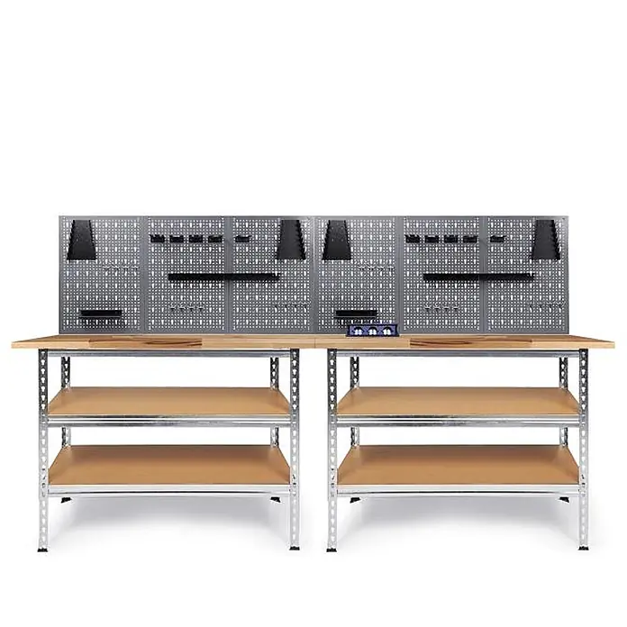 Ondis24 Werkbank-Set - L x B: 240 x 60 cm, Arbeitshöhe: 920 mm, Metall - Eine doppelte Metallwerkbank mit Holzplatte, je zwei Ablagefächern und einer grauen Lochwand mit schwarzem Zubehör zur Werkzeugorganisation.