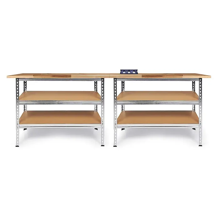 Ondis24 Werkbank-Set - L x B: 240 x 60 cm, Arbeitshöhe: 920 mm, Metall - Industrielle Werkbank mit Holzplatte, Metallrahmen, zwei Ablagen und integrierten Steckdosen.