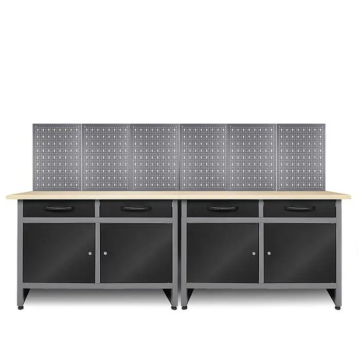 Ondis24 Werkbank-Set - L x B: 240 x 60 cm, Arbeitshöhe: 850 mm, Metall - Zweiteilige Werkbank aus schwarzem und grauem Metall mit heller Holzplatte, vier Schubladen, zwei Doppeltürenschränken und grauer Lochwand.