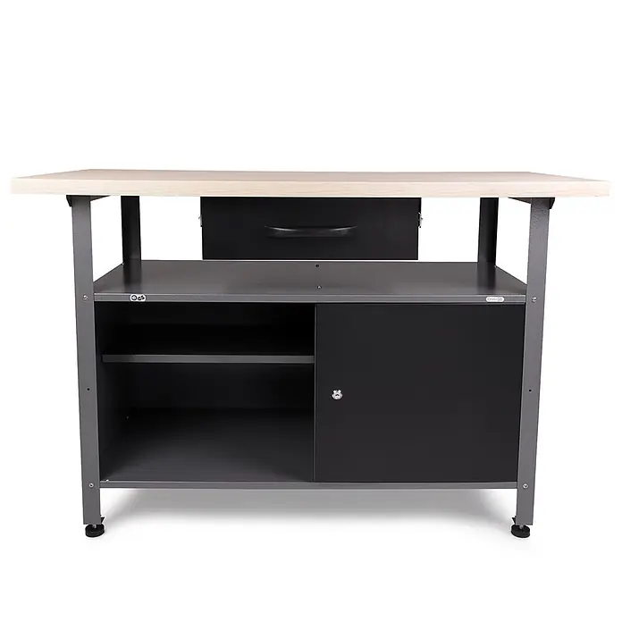 Ondis24 Werkbank-Set - L x B: 240 x 60 cm, Arbeitshöhe: 850 mm, Metall - Werkbank mit heller Holzplatte, grauem Metallrahmen, schwarzer Schublade und Schrank mit Schiebetür, Regalen und Schloss. Verstellbare Füße.