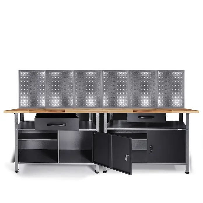 Ondis24 Werkbank-Set - L x B: 240 x 60 cm, Arbeitshöhe: 850 mm, Metall - Graue Metallwerkbank mit Holzplatte, Lochwand, Schubladen und abschließbaren Schränken für Werkstattlagerung.