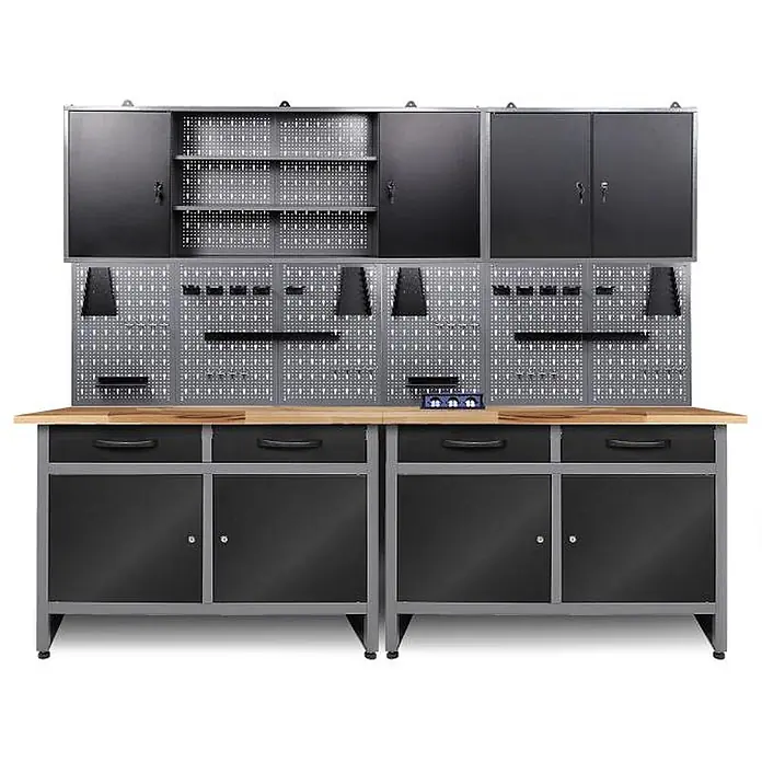 Ondis24 Werkbank-Set - Arbeitshöhe: 850 mm, Metall - Schwarz-graues Garagen-Ordnungssystem mit Holzwerkbank, Lochwänden, Hängeschränken und Unterschränken mit Schubladen.
