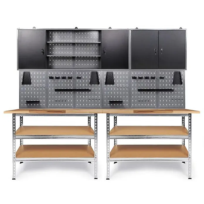 Ondis24 Werkbank-Set - L x B: 240 x 60 cm, Arbeitshöhe: 920 mm, Metall - Modulares Werkstatt-Aufbewahrungssystem aus grauem und schwarzem Metall mit Wandschränken, Lochplatten und zwei Holzwerkbänken mit Unterbodenregalen.