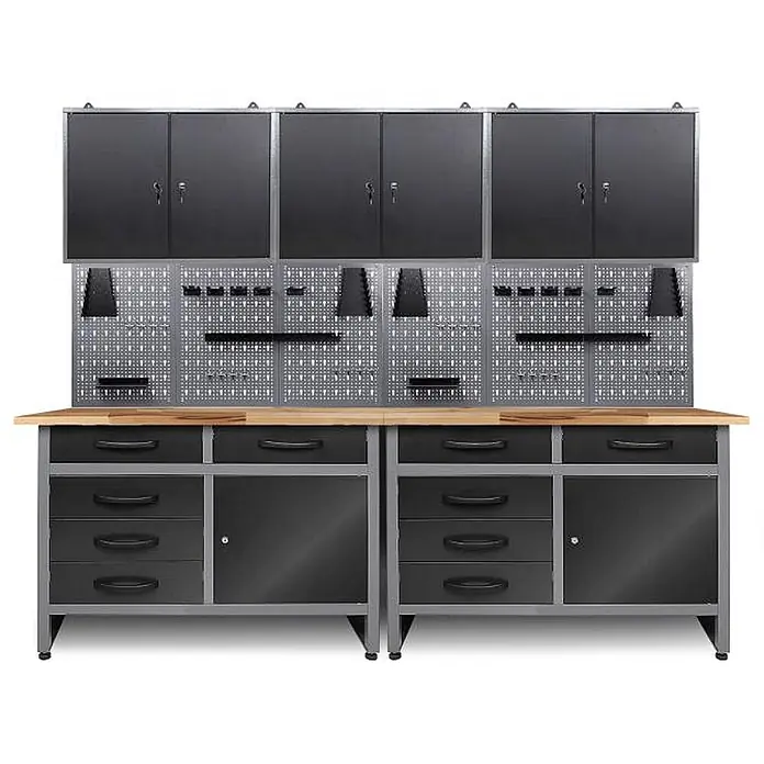 Ondis24 Werkbank-Set - Arbeitshöhe: 850 mm, Metall - Schwarz-graues Werkstatt-Ordnungssystem aus Metall mit Holz-Arbeitsplatte, Hängeschränken, Lochwänden und Unterschränken mit Schubladen und Türen.