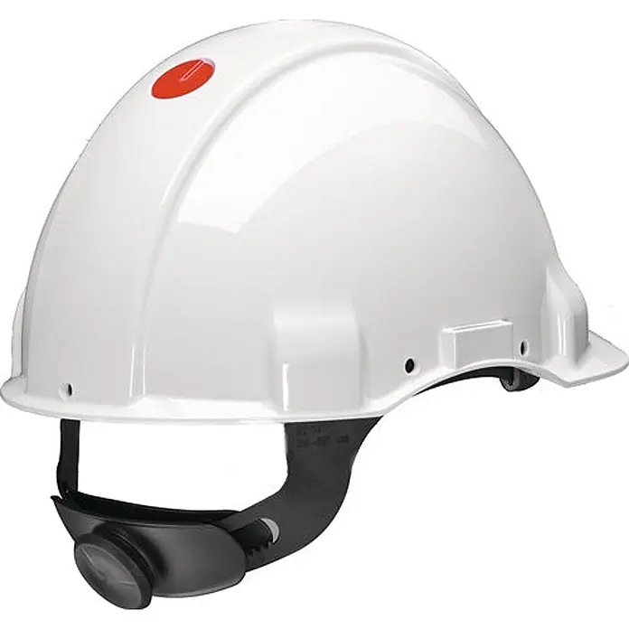 3M Schutzhelm - Farbe: weiß - Weißer Schutzhelm mit rotem Knopf oben und verstellbarem schwarzem Kinnriemensystem.