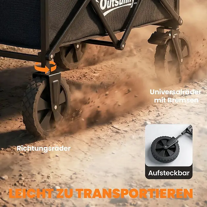 Outsunny Bollerwagen - L x B x H: 85 x 50 x 99 cm, Traglast: 80 kg, Metall - Dunkler Faltwagen mit robusten Lenkrädern und Universalrädern mit Bremsen, auf staubigem Terrain, für einfachen Transport.