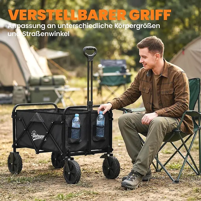 Outsunny Bollerwagen - L x B x H: 85 x 50 x 99 cm, Traglast: 80 kg, Metall - Schwarzer klappbarer Campingwagen mit verstellbarem Griff und Seitentaschen, in einer Campingumgebung verwendet.