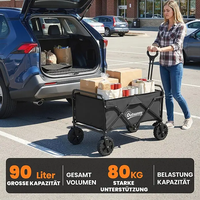 Outsunny Bollerwagen - L x B x H: 85 x 50 x 99 cm, Traglast: 80 kg, Metall - Schwarzer klappbarer Bollerwagen mit Einkäufen, von einer Frau vom Auto gezogen.