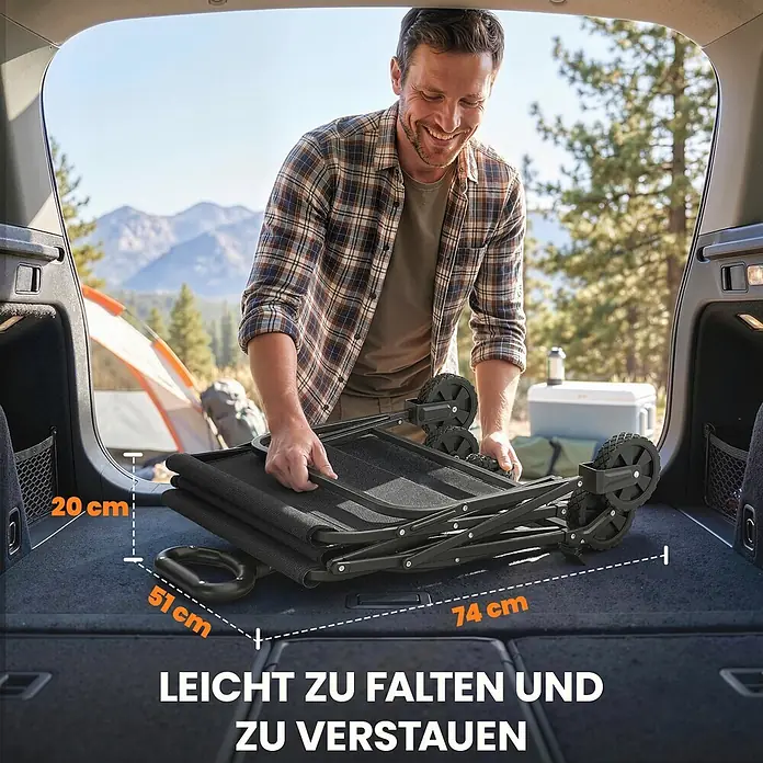 Outsunny Bollerwagen - L x B x H: 85 x 50 x 99 cm, Traglast: 80 kg, Metall - Ein Mann verstaut einen kompakten, zusammengeklappten schwarzen Bollerwagen im Kofferraum, Maße: 20x51x74 cm zur einfachen Lagerung.