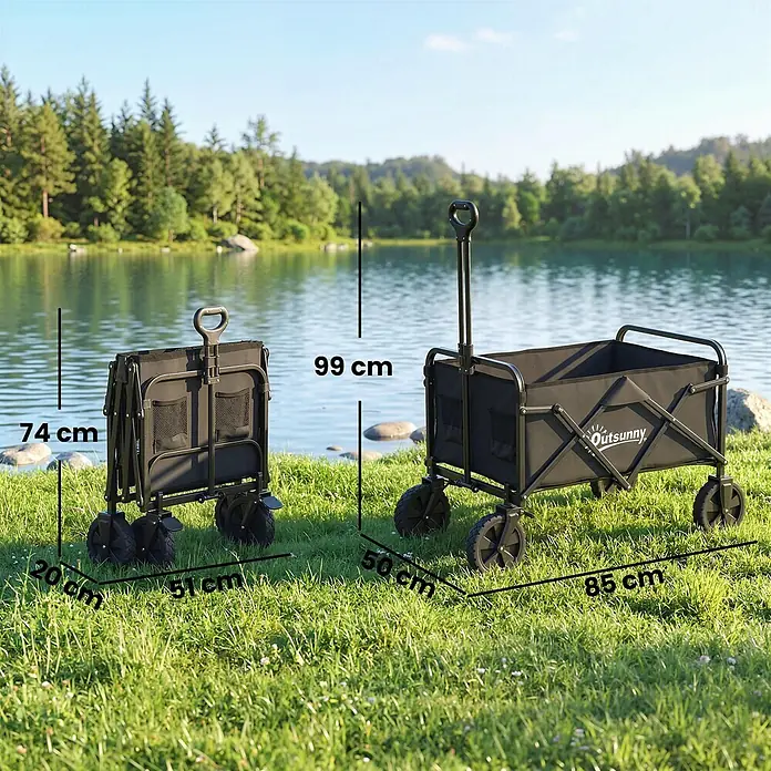 Outsunny Bollerwagen - L x B x H: 85 x 50 x 99 cm, Traglast: 80 kg, Metall - Zwei schwarze Outsunny Faltwagen, einer kompakt (74x51x20cm), einer offen (99cm hoch, 85x50cm Basis), am See.