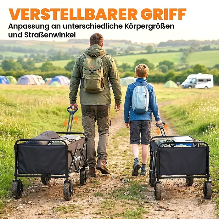 Outsunny Bollerwagen - L x B x H: 85 x 50 x 99 cm, Traglast: 80 kg, Metall - Zwei schwarze Faltwagen mit verstellbaren Griffen, gezogen von einem Erwachsenen und Kind auf einem Feldweg beim Camping.
