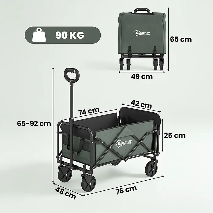 Outsunny Bollerwagen - Traglast: 90 kg, Stahl - Dunkelgrüner Outsunny Faltwagen, offen mit Maßen und kompakt gefaltet gezeigt, mit 90kg Tragfähigkeit.