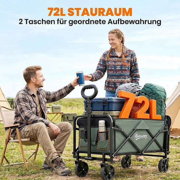 Outsunny Bollerwagen - Traglast: 90 kg, Stahl - Grüner Outsunny Faltbollerwagen mit 72L Stauraum und zwei Seitentaschen, gefüllt mit Campingausrüstung im Freien.