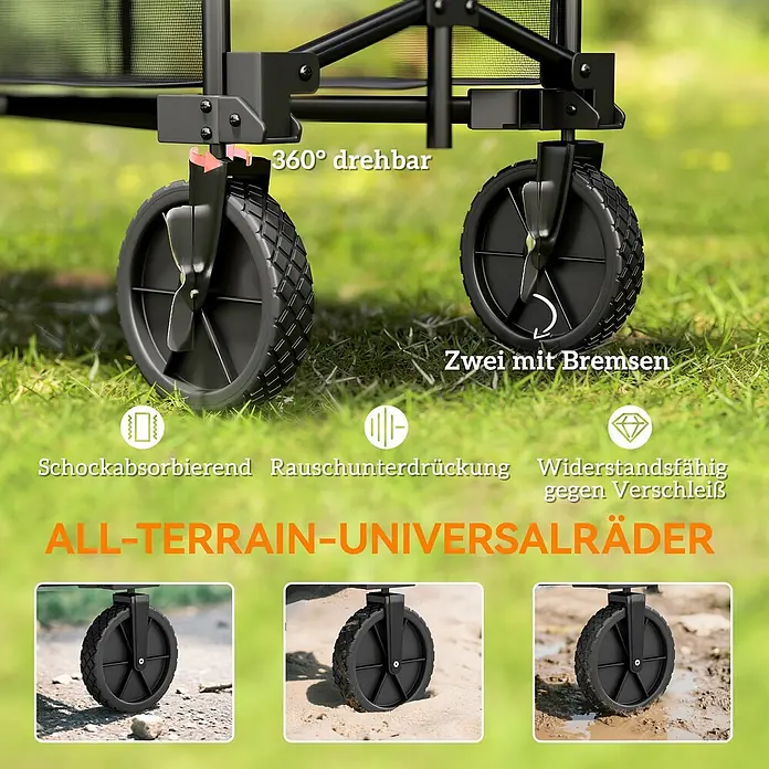 Outsunny Bollerwagen - L x B x H: 142 x 50 x 102 cm, Traglast: 200 kg, Stahl - Schwarze All-Terrain-Universalräder für einen Wagen, mit 360°-Drehung, zwei Rädern mit Bremsen, Stoßdämpfung und Verschleißfestigkeit.