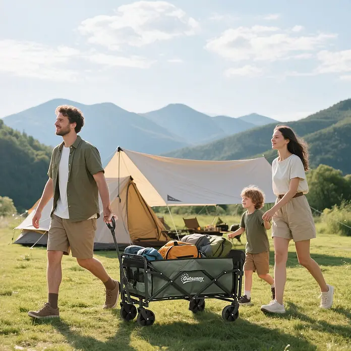 Outsunny Bollerwagen - Traglast: 90 kg, Stahl - Grüner Outsunny Falt-Campingwagen mit Taschen, von einer Person auf Gras im Freien gezogen.