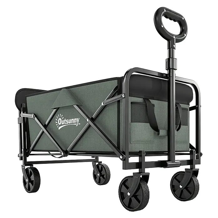 Outsunny Bollerwagen - Traglast: 90 kg, Stahl - Dunkelgrüner Outsunny faltbarer Bollerwagen mit schwarzem Metallrahmen und Rädern.