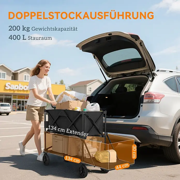 Outsunny Bollerwagen - L x B x H: 142 x 50 x 102 cm, Traglast: 200 kg, Stahl - Schwarzer doppelstöckiger Faltwagen mit Abmessungen, wird von einer Frau zum Beladen des Autos genutzt. 200 kg Kapazität, 400 L Stauraum.