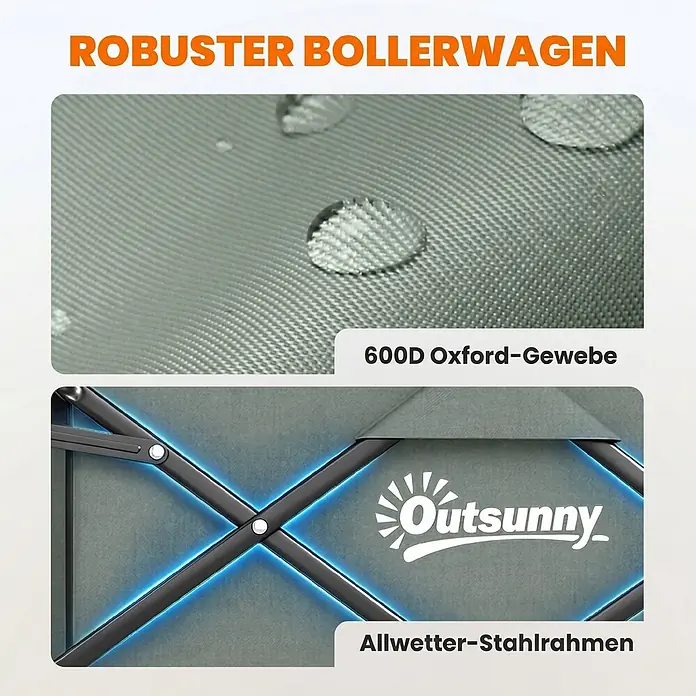 Outsunny Bollerwagen - Traglast: 90 kg, Stahl - Merkmale eines robusten Bollerwagens: wasserabweisendes 600D Oxford-Gewebe und ein langlebiger Allwetter-Stahlrahmen mit blauen Akzenten.