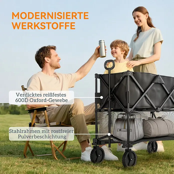 Outsunny Bollerwagen - L x B x H: 142 x 50 x 102 cm, Traglast: 200 kg, Stahl - Schwarzer faltbarer Bollerwagen mit 600D Oxford-Gewebe und pulverbeschichtetem Stahlrahmen, von Familie im Freien zum Tragen von Taschen genutzt.