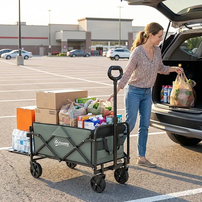 Outsunny Bollerwagen - Traglast: 90 kg, Stahl - Olivgrüner Outsunny Faltwagen, beladen mit Lebensmitteln und Kartons, von einer Frau zum Beladen ihres Autos auf einem Parkplatz verwendet.