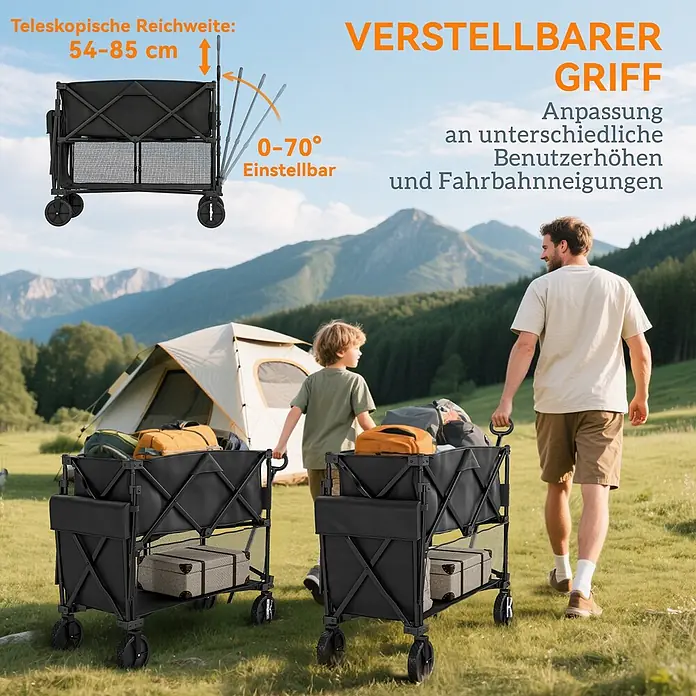 Outsunny Bollerwagen - L x B x H: 142 x 50 x 102 cm, Traglast: 200 kg, Stahl - Schwarzer Klappwagen mit verstellbarem Griff (54-85cm Teleskop, 0-70° Winkel), von Vater und Kind beim Camping gezogen.