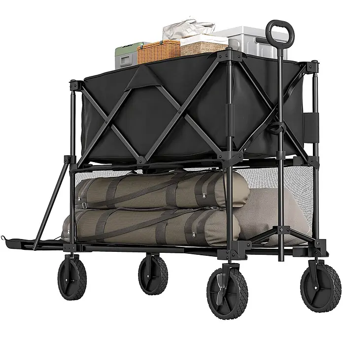 Outsunny Bollerwagen - L x B x H: 142 x 50 x 102 cm, Traglast: 200 kg, Stahl - Schwarzer zweistöckiger klappbarer Bollerwagen mit Gestell und Stoff, beladen mit Outdoor-Ausrüstung. Mit robusten Rädern und Griff.