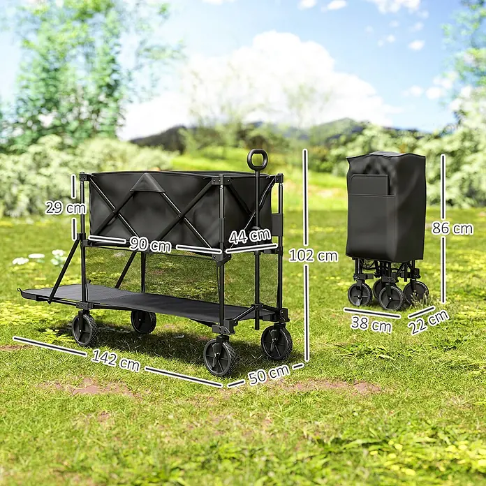 Outsunny Bollerwagen - L x B x H: 142 x 50 x 102 cm, Traglast: 200 kg, Stahl - Schwarzer faltbarer Bollerwagen mit mehreren Ablagen und Griff, aufgeklappt (142x50x102cm) und zusammengeklappt (38x22x86cm).