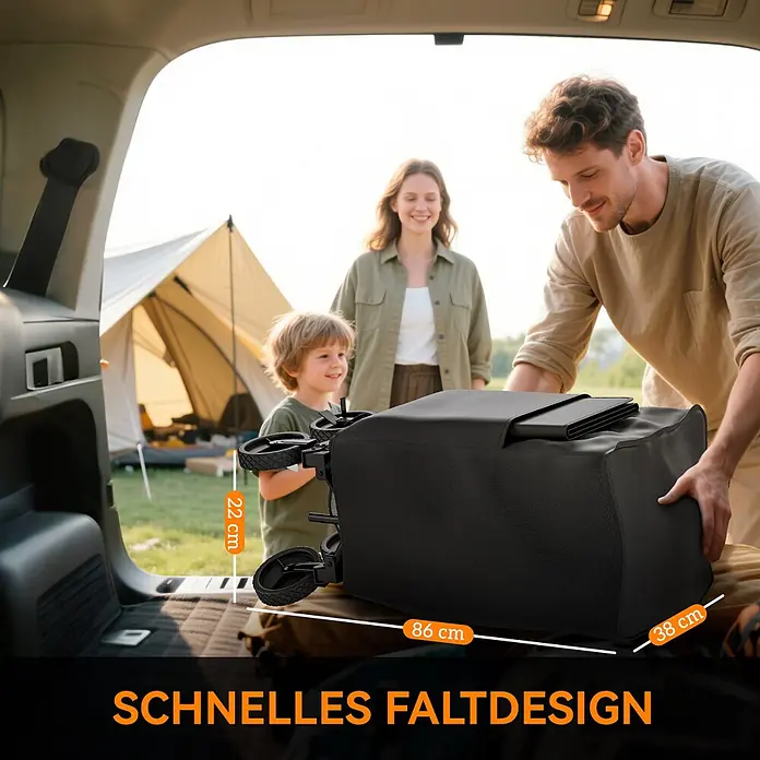 Outsunny Bollerwagen - L x B x H: 142 x 50 x 102 cm, Traglast: 200 kg, Stahl - Schwarzer faltbarer Wagen (86x38x22 cm) wird für Camping in den Kofferraum geladen.