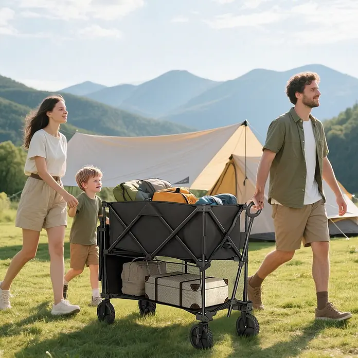Outsunny Bollerwagen - L x B x H: 142 x 50 x 102 cm, Traglast: 200 kg, Stahl - Schwarzer Faltwagen mit Gepäck, von einem Mann mit Familie beim Camping gezogen.