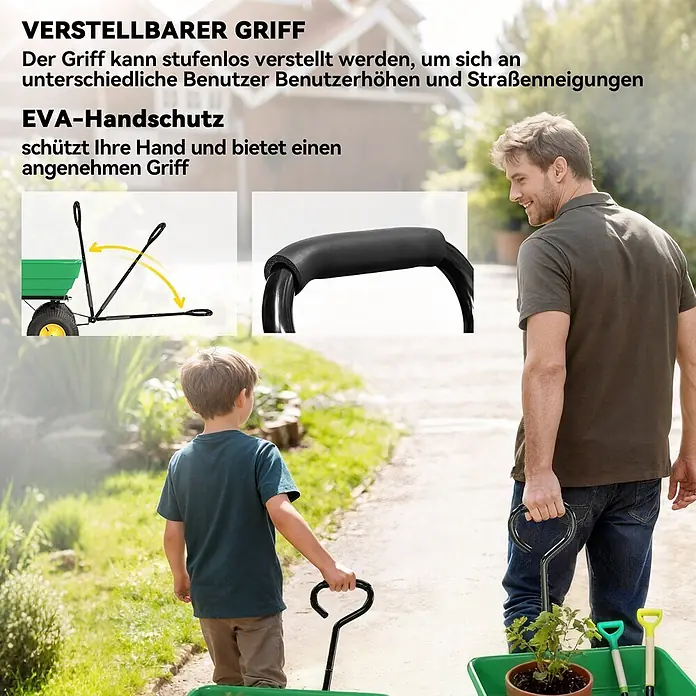 Outsunny Bollerwagen - Traglast: 200 kg, Stahl - Schwarzer, verstellbarer Gartencarren-Griff mit EVA-Schutz, von Erwachsenem und Kind genutzt. Anpassbar für verschiedene Höhen.