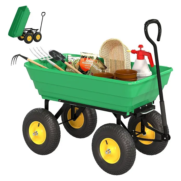Outsunny Bollerwagen - Traglast: 200 kg, Stahl - Grüner Kipp-Gartenwagen mit schwarzem Rahmen, gelben Rädern und Gartengeräten darin.
