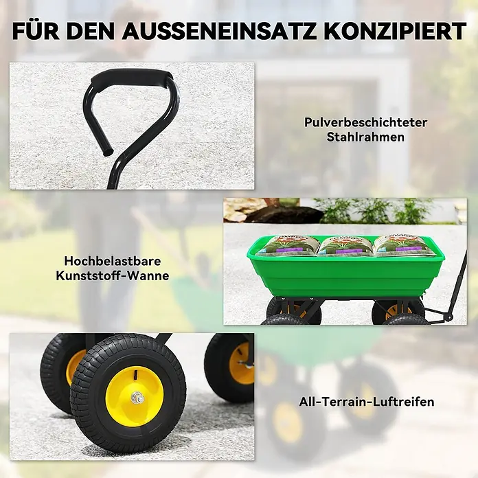 Outsunny Bollerwagen - Traglast: 200 kg, Stahl - Grüner Gartenwagen mit pulverbeschichtetem Stahlrahmen, hochbelastbarer Kunststoff-Wanne & gelb-schwarzen All-Terrain-Luftreifen für den Außeneinsatz.
