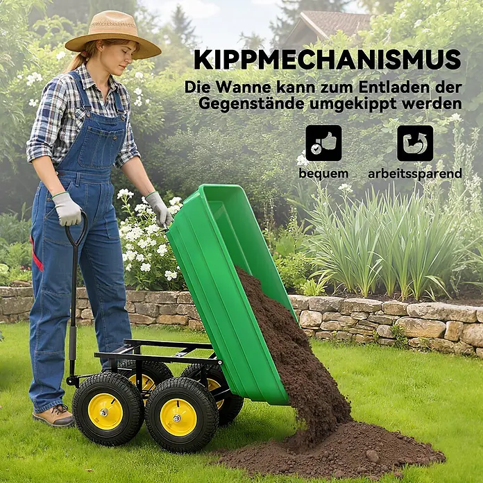 Outsunny Bollerwagen - Traglast: 200 kg, Stahl - Grüner Gartenkippwagen mit gelben Rädern, von einer Frau zum Entleeren von Erde genutzt. Praktischer Kippmechanismus erleichtert das Entladen.