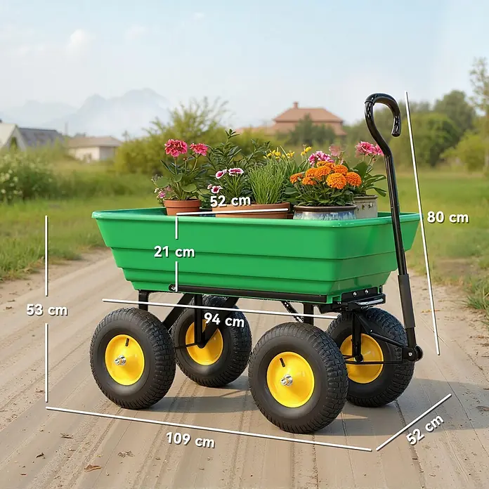 Outsunny Bollerwagen - Traglast: 200 kg, Stahl - Grüner Kunststoff-Gartenwagen mit vier Rädern, beladen mit Topfblumen und Maßangaben, auf einem Feldweg.