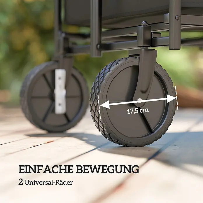 Outsunny Bollerwagen - L x B x H: 95 x 55 x 102 cm, Traglast: 100 kg, Stahl - Nahaufnahme eines 17,5 cm großen schwarzen Universalrads mit Profil, für einfache Bewegung von Wagen oder Möbeln, als Teil eines Zweiersets.